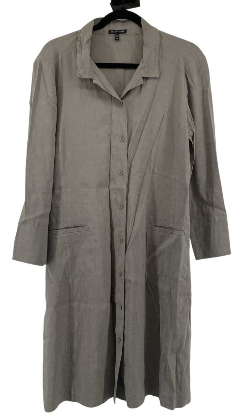 Eileen Fisher Taupe Button-Front Linen Blend Long Coat/Coat Dress Medium